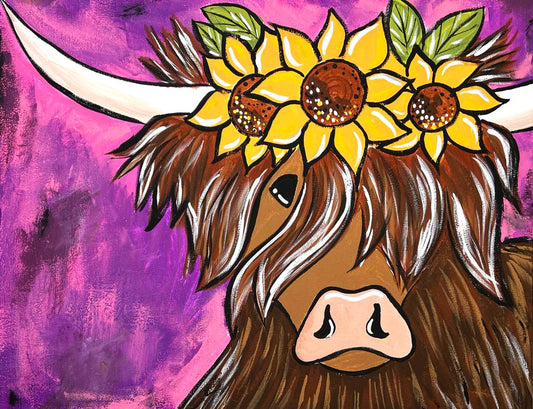 Highland Cow with Sunflowers
